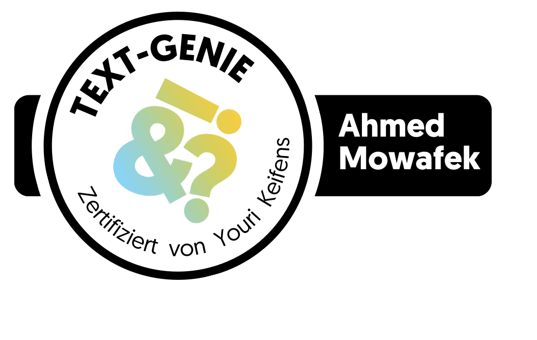 Siegel Text-Genie – zertifiziert von Youri Keifens – Ahmed Mowafek
